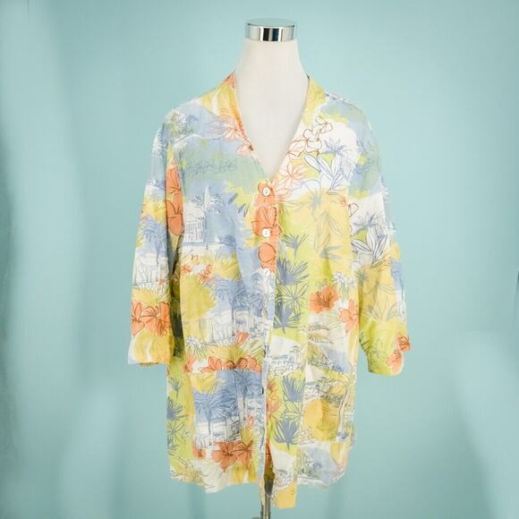 Hot Cotton Plus Size 2X Tropical Floral Hawaiian V Neck Button Linen Cotton Top - Picture 1 of 6